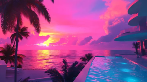 Neon sunset poolside escape over glowing tropical sea.