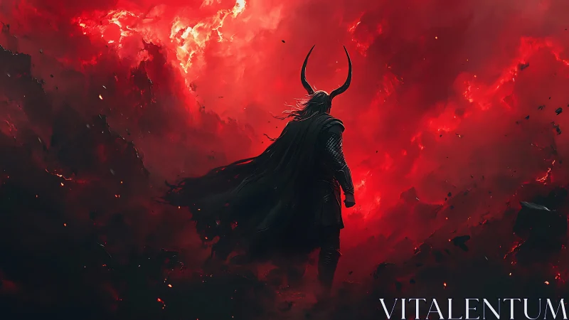 Demonic warlord silhouette amid turbulent infernal plasma field.