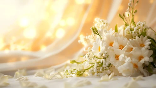 Soft white wedding flowers glowing in golden evening light.