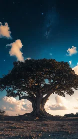 Ancient lone tree under twilight sky and distant stars.