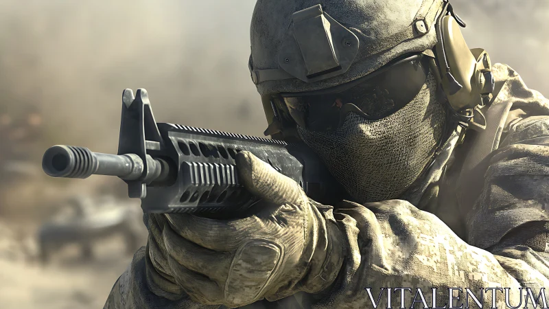 Tactical soldier aiming carbine in shallow depth-of-field combat scene