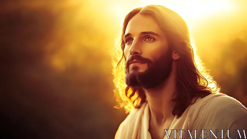 Serene bearded man gazes upward in radiant golden light