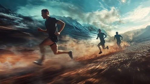 Three runners move across rugged terrain under dynamic sky