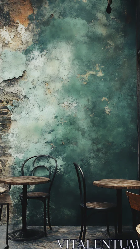 Rustic caf&eacute; corner shows weathered teal wall and chairs