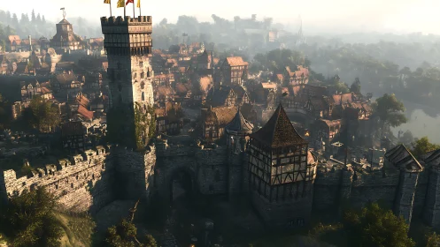 Medieval fortified town with stone walls and tall watchtower.