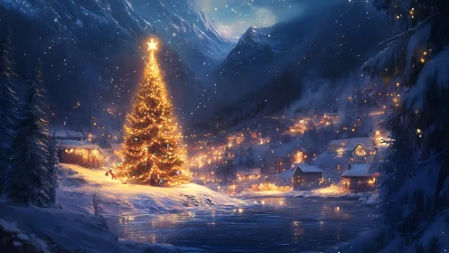 Glowing Christmas tree warms a snowy mountain village night