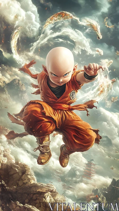 Bald martial youth in orange robe amid swirling clouds.