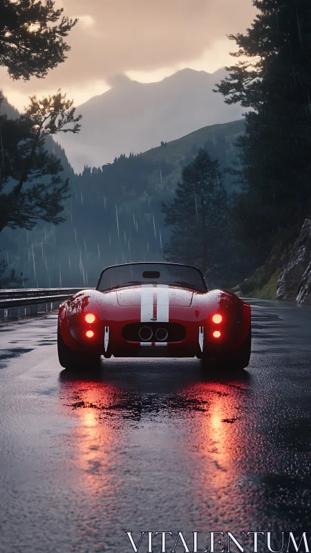 Red sports car on wet mountain road at dusk in rain.