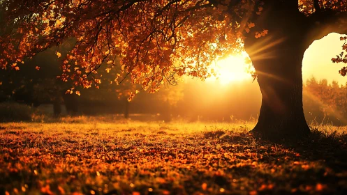 Sunlit autumn oak pouring liquid gold across the meadow.