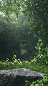 Forest overlook with stone surface and garden blooms.