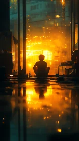 Backlit silhouette in neon-lit interior facing blazing cityscape