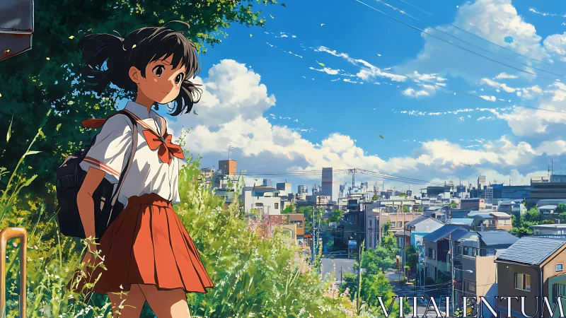 Schoolgirl on hillside path above bright summer cityscape.