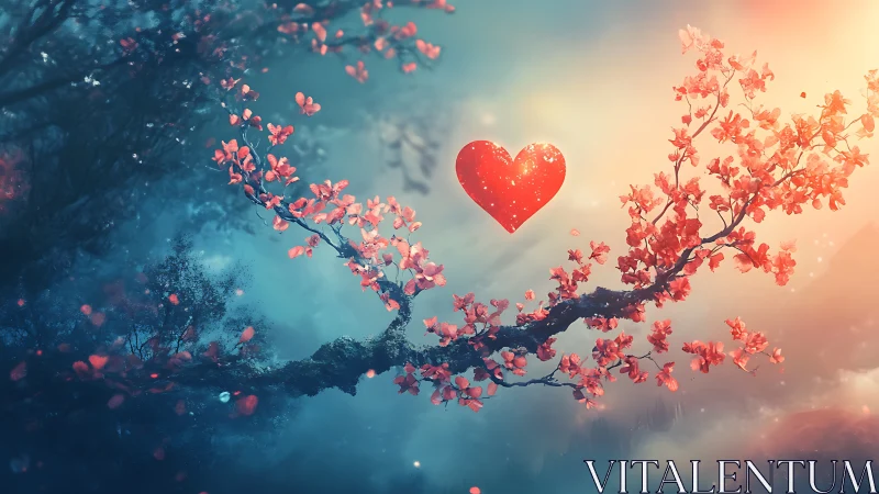 Flowering branch with central red heart symbol in atmospheric landscape.