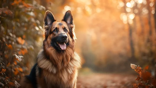 German shepherd in warm autumn forest light portrait.