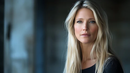 Calm blue-eyed gaze in soft urban shadowlight portraiture.