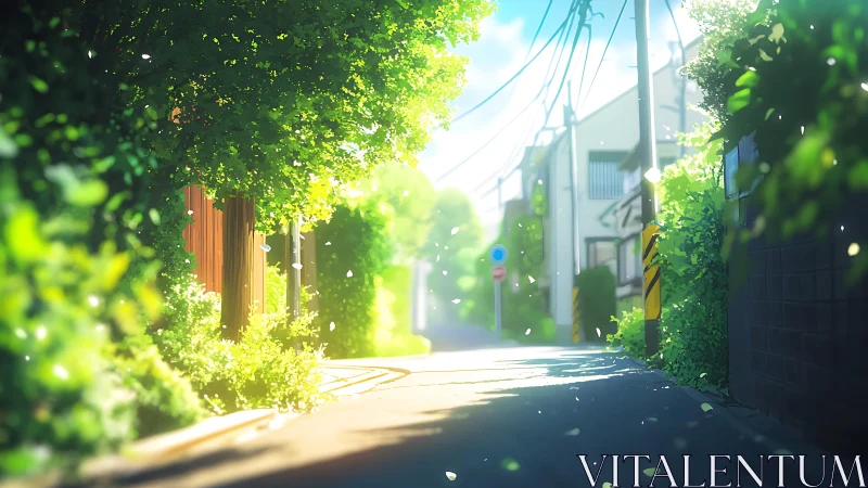 Sunlit suburban lane framed by lush summer foliage.