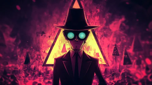 Neon lit agent silhouette with cyan goggles before glowing triangle