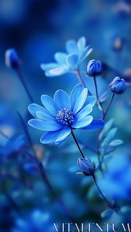 Blue daisy-like flowers with unopened buds in shallow focus composition.