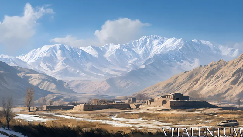 Snow-capped mountain range above arid valley settlement.
