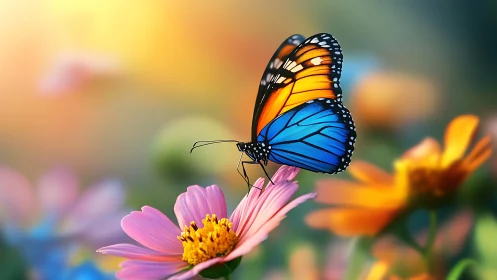 Vivid butterfly rests on wildflower in soft sunset glow