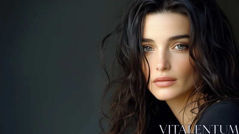 Portrait shows close-up of woman with dark wavy hair