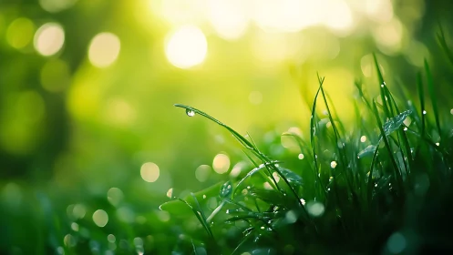 Macro lawn dew study with luminous bokeh field depth.