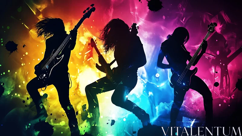 Neon stage erupts as silhouetted rock trio splashes color