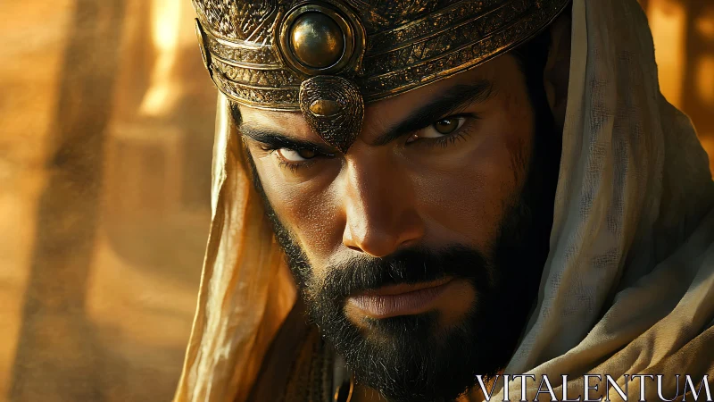 Regal desert warlord portrait under golden light.