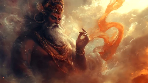 Divine male figure in clouds with orange fabric and light.