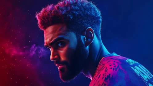 Electric portrait of determined man in red and blue light.