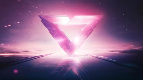 Prismatic neon triangle monolith in luminous sci fi horizon.