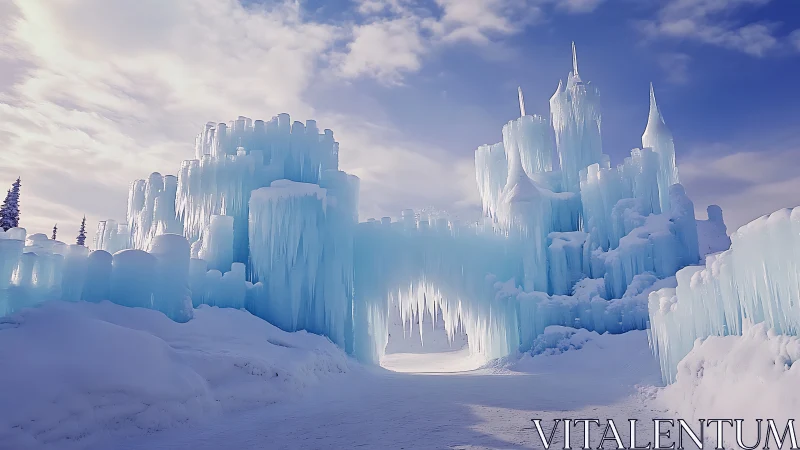 Glacial cathedral of icicles framing a sunlit winter passage.