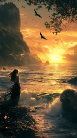 Solitary woman studies stormlit golden ocean sunset