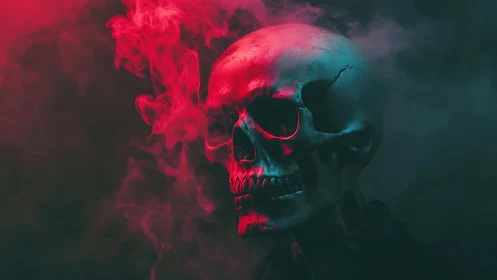 Neon smoke crowns a cracked skull in cinematic gloom