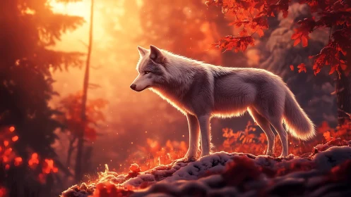 Luminous white wolf pauses in ember-bright autumn forest.