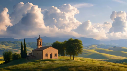 Sunlit hilltop chapel under roaming Tuscan cloud giants.