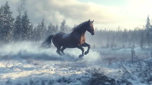 Winter mist shatters as a lone chestnut horse carves light