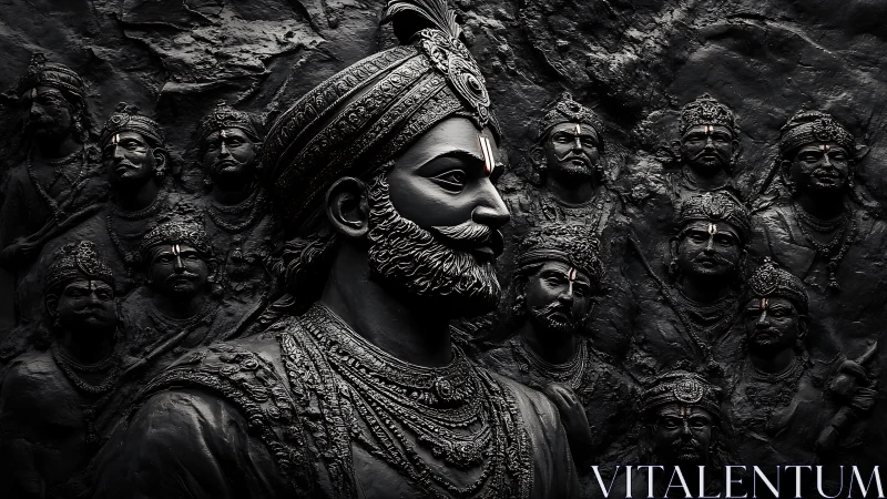 Regal warrior relief in dark bronze high-relief sculpture.