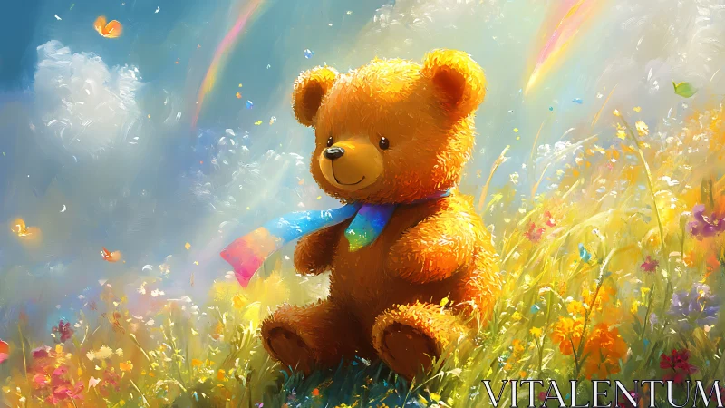 Chromatic teddy bear under refracted daylight in floral meadow.