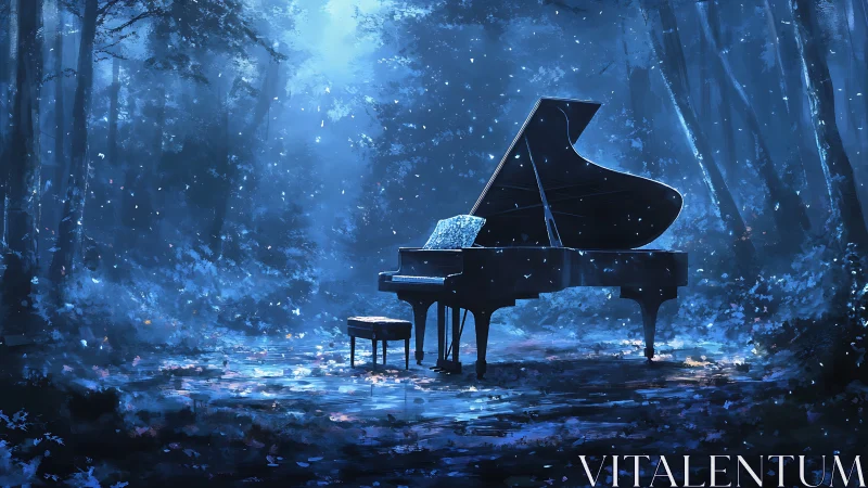 Luminous grand piano under bioluminescent forest canopy.