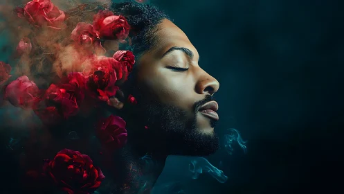 Serene male profile surrounded by red roses and swirling smoke.