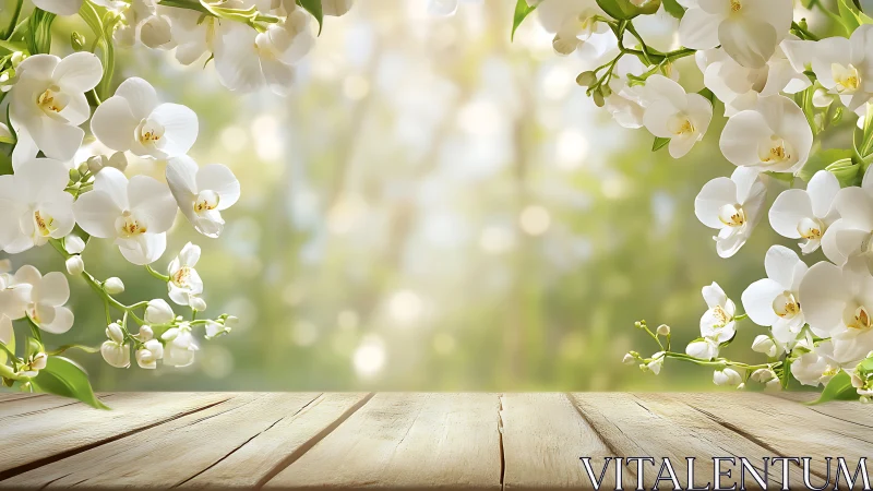 White Orchids with Golden Centers and Wooden Foreground Display