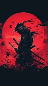 Samurai silhouette before blood-red sun, katana drawn.