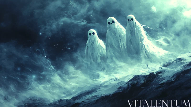 Three spectral ghosts drift over storm-tossed sea. Period.