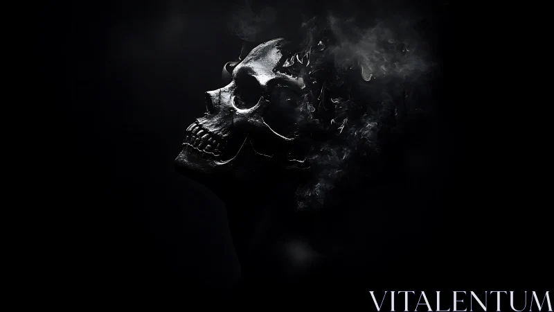 Burnished skull silhouette dissolves into drifting smoke.