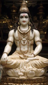 Marble Shiva idol with ornate gold jewellery in temple setting.