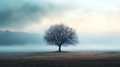 Solitary tree resting quietly in a misty sunrise field.