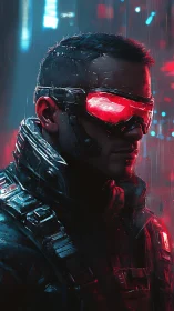 Neon-soaked cyber warrior gazes ahead in glowing city night