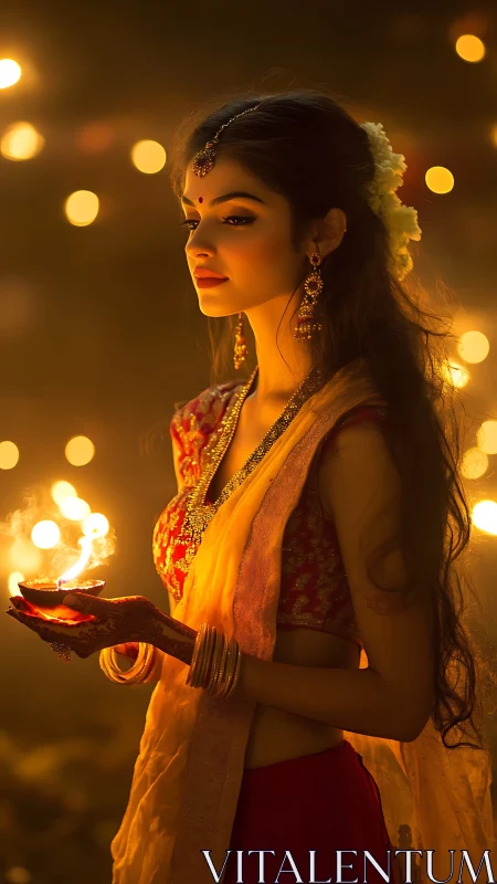 Woman holds illuminated diya in shallow depth of field scene