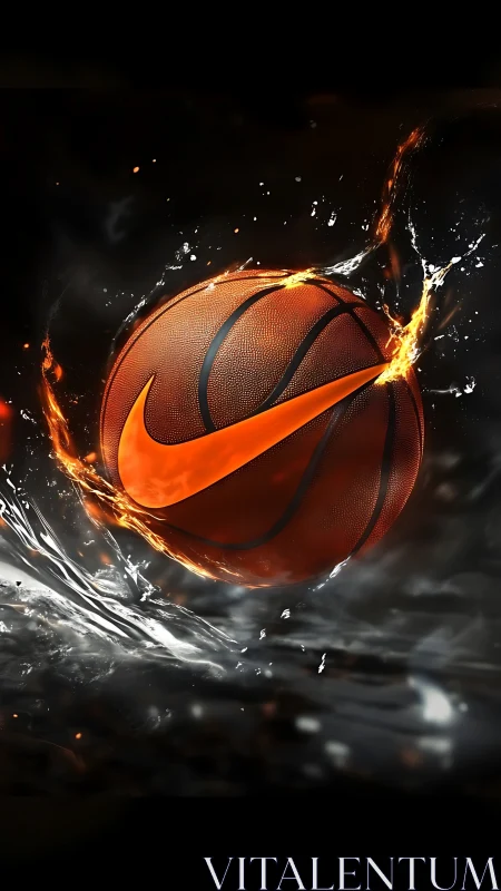 Fiery orange basketball with swoosh amid water and sparks.